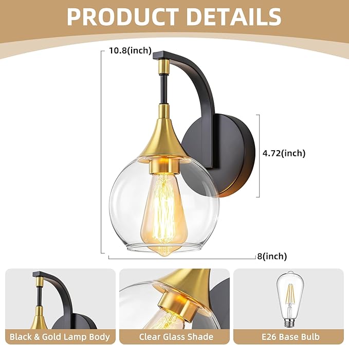Indoor Wall Sconce, Black and Gold Wall Light Fixture with 4.9 Inches Clear Glass Shade, Bathroom Vanity Lights for Mirror, Bedroom, Hallway