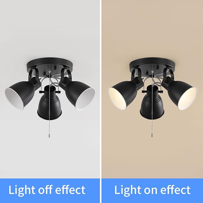 KEESFU 3 Light Ceiling Light with Pull Chain,Adjustable Directional Ceiling Track Light,Industrial Pull Chain Light Fixtures for Bedroom Hallway Closet.