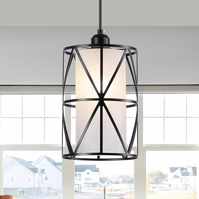 7"×10" Pendant Lights with Frosted Glass, Matte Black Pendant Lighting Kitchen Island, Cylindrical Pendant Light Fixtures, Modern Kitchen Island Lighting, Pendant Light for Foyer-Large