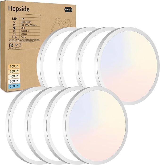 8Pack LED Flush Mount Ceiling Light Fixture, 7Inch 15W, Dimmable&3000K/3500K/4000K/5000K/6500K Adjustable Low Profile Ceiling Lights, 1500LM Round Lamp for Bathroom, Closet, Kitchen, Hallway, White
