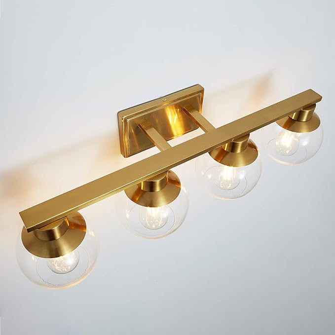 PAZALA Brushed Brass Bathroom Light Fixtures Over Mirror 4-Lights Vanity Light Wall Sconce with Globe Glass Shade, E26 Base, Perfect for Hallway Picture Wall Lighting Bathroom Bedroom Living Room