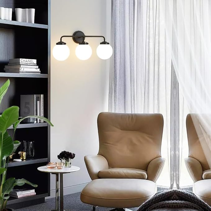 Black Bathroom Light Fixtures Over Mirror, 3-Light Modern Vanity Lighting with Milk White Glass Globe Shade Wall Sconce
