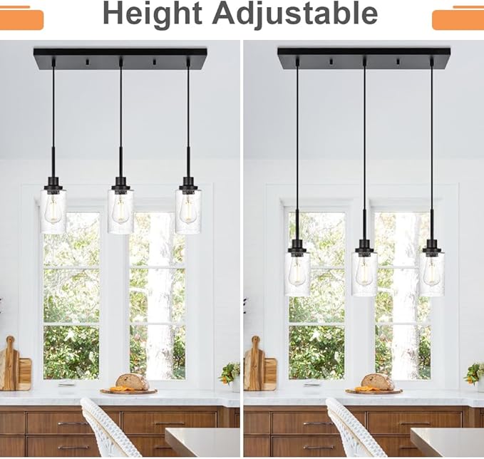 TODOLUZ Pendant Light Fixtures, 3-Lights Adjustable Modern Hanging Light with Seeded Glass, Kitchen Island Lighting for Over Table Dining Room