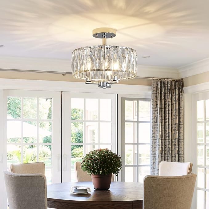 AGV LIGHTING CL003F K9 Crystal Ceiling Light Fixture, Modern Semi Flush Ceiling Lights, Perfect for Living Room, Bedroom, Dining Room, D13 x H15, 3-Light Chrome Finish