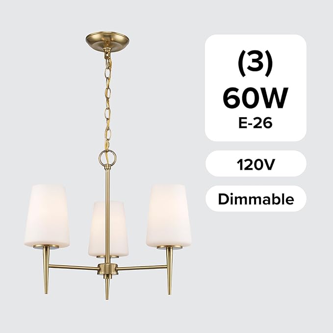 Montgomery 3-Light Chandelier | Brushed Gold Finish with White Frosted Glass Shade | Adjustable Hanging Height to 82.75" | Uses E26 Medium Base Bulb (Gold, Chandelier)