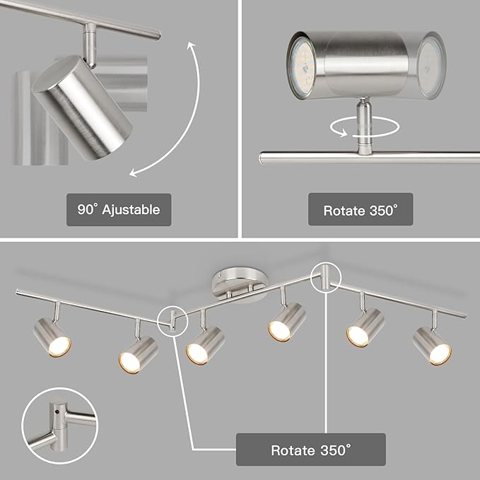 GORDNWE Track Lighting Fixtures, Black Track Light with Adjustable Track Heads, Directional Ceiling Spotlight for Kitchen, Office, Dining Room, Closet, Studio (6-Light GU10 Nickel)