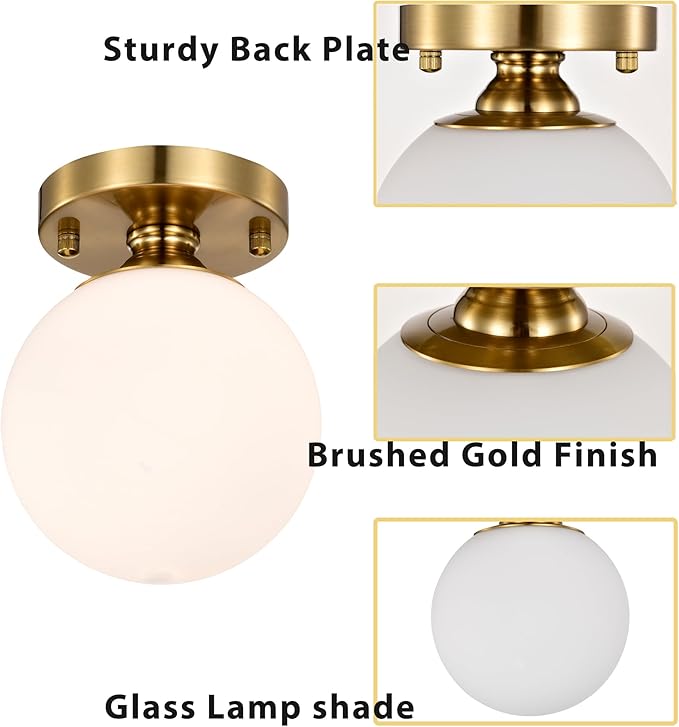 Gold Semi Flush Mount Ceiling Light 5.9" Globe Opal Glass Shade Mid-Century Modern Hallway Light Fixture for Entryway Closet Bathroom Bedroom Laundry Room Easy Install