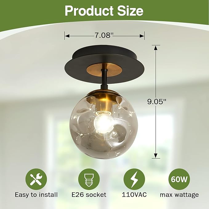 SZXYKEJI 1-Light Mini Glass Globe Ceiling Light,Modern Semi Flush Mount Light Fixture,Black Ceiling Light for Hallway Aisle Porch Stairway Closet.