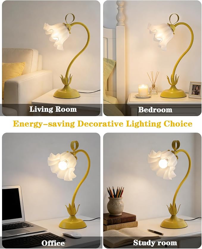 WERFOP Flower Table Lamp, LED Reading Light Vintage Bedside Table Lamp with 3 Color Modes for Nightstand, Kawaii Decoration for Home Bedroom Living Room (Yellow)