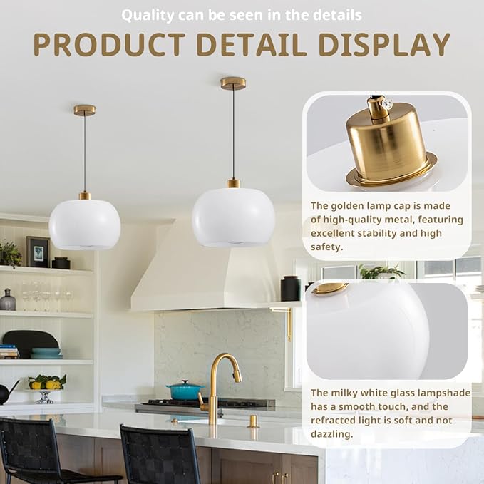 Hanging Pendant Light 2 Pack Milk Glass Pendant Lights Kitchen Island Gold Adjustable Mid Century Modern Hanging Lamps for Dining Room Foyer Entryway, Easy to Install