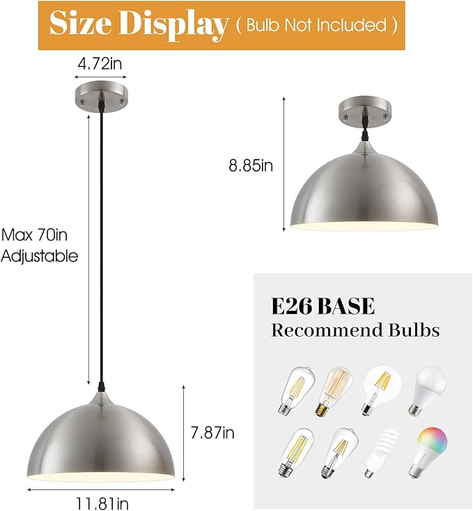 Brushed Nickel Pendant Light Kitchen Island 3 Pack, 11.8" Farmhouse Pendant Lights,Dome Pendant Light for Bedroom Dining Room Sink Hallway Foyer Barn Cafe