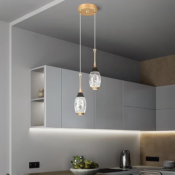Modern Black Gold Pendant Light Dimmable LED Ceiling Light Fixtures Mini Teardrop Crystal Pendant Lighting for Kitchen Island Bedroom Hallway Entryway (2 Light，Champagne Gold)