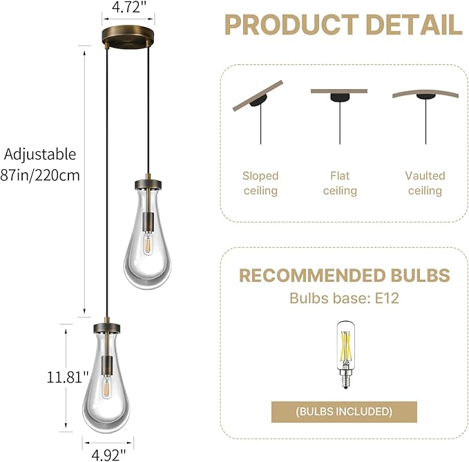Raindrop Pendant Lights Kitchen Island: Vintage Copper Teardrop Hanging Light - 2 Head Crystal Pendants Light over Dining Table - Durable Raindrop Lighting Fixture for Bedroom Hallway Bulb Included