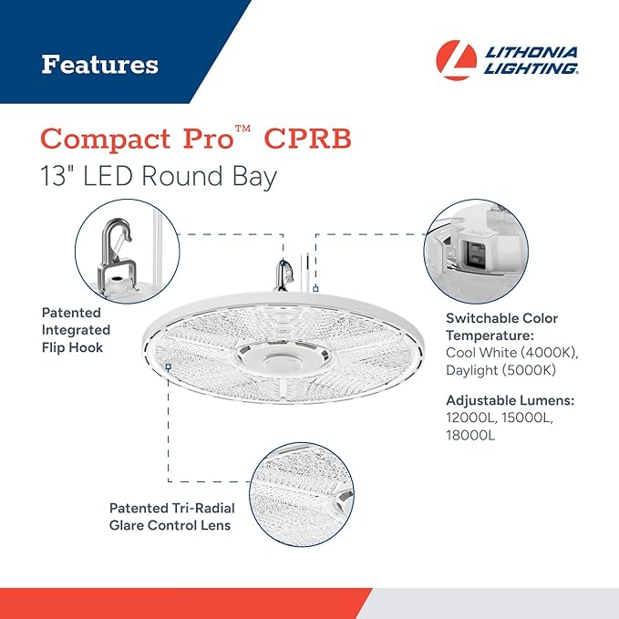 Lithonia Lighting Compact Pro Round LED High Bay Light, Ceiling Lighting Fixture, Adjustable 12000/15000/18000 Lumens, Selectable 4000K/5000K, UVOLT 120–347V, White (CPRB ALO13 UVOLT SWW9 80CRI DWH)