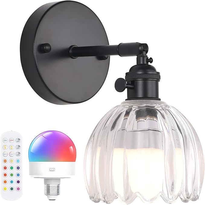 Shenmoyl Vintage Battery Operated Wall Sconce with Transparent Tulip Glass Lampshade Rechargeable Battery Powered Black Wall Light with Remote Control for Bedside Bedroom Doorway