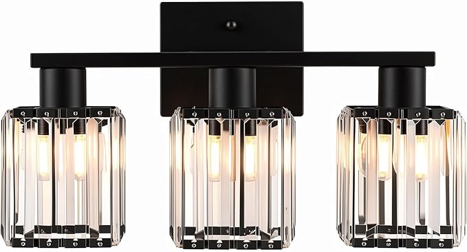 Crystal Bathroom Light Fixtures, 3-Light Matte Black, Vanity Lights for Bathroom Over Mirror, Modern Bath Wall Sconce for Mirror Bedroom Living Room