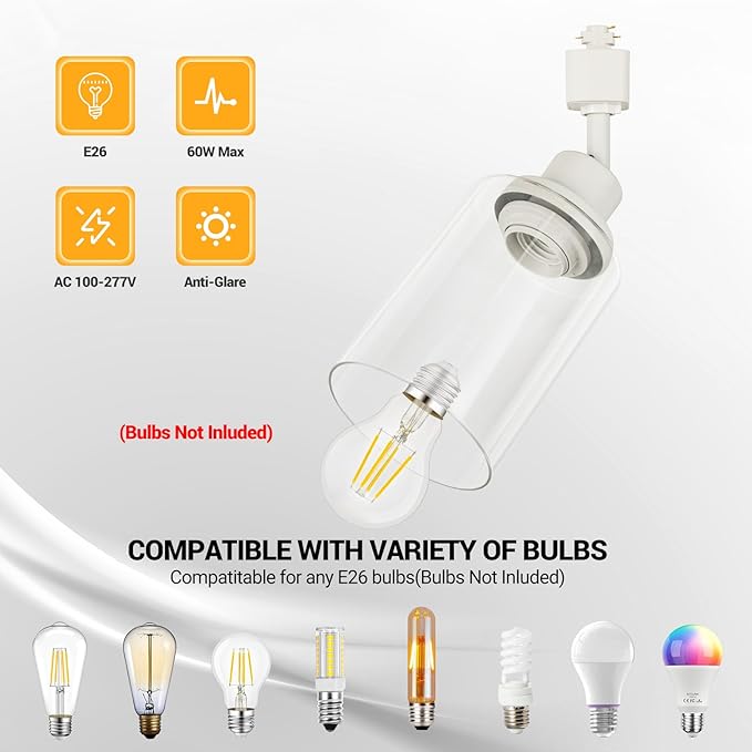 VANoopee H Type Track Lighting Heads E26 Track Light Ceiling Modern for Kitchen, Compatible with H Track Lighting Rail System, White Track Lighting Fixtures with Glass Lamp Shade, 1 Pack, No Bulbs