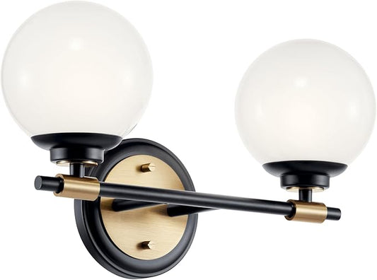 Kichler Benno 2-Light Bathroom Vanity Light Fixture with Opal Glass, Modern Black and Champagne Bronze Light for Powder Room or Bath (8.75 in x 14.75 in), 55171BKCPZ