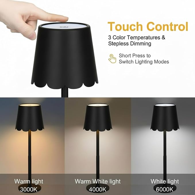 Pickmesh 2 Pack Scalloped Touch Cordless Table Lamp Rechargeable 4000mAh Battery 3 Color Stepless Dimmable Portable LED Desk Light for Mahjong Gift Bedroom Wedding Bars Outdoor Party Home Décor(Black)
