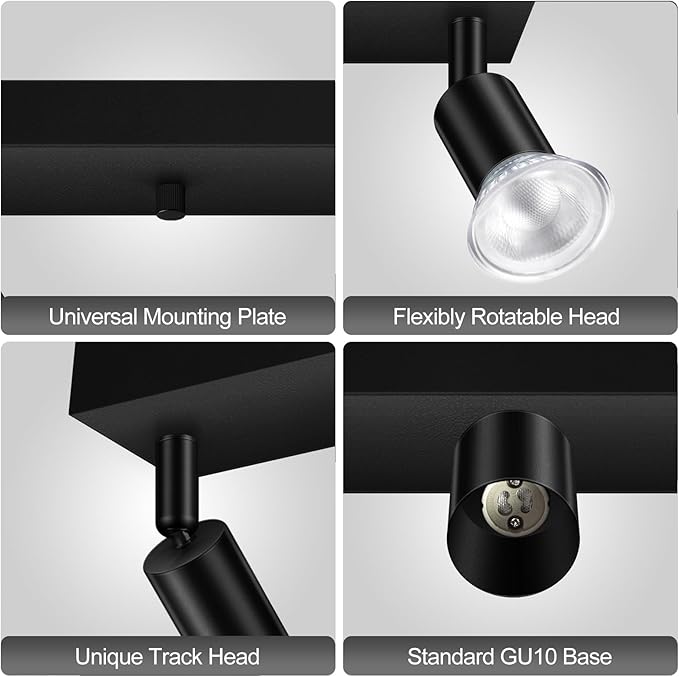Plug-in Track Lighting, LED Track Lighting Fixtures Ceiling Kit, 16" Black Plug in Wall Light with 14.8ft Cord, 3-Light Ceiling Spotlight,Rotatable Kitchen Light Head for Bedroom Hallway(GU10,NO Bulb)