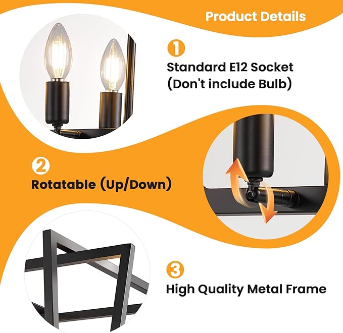 8-Light Dining Room Light Fixture, Farmhouse Pendant Lights Kitchen Island, Rustic Black Chandeliers for Dining Room, Rectangle Hanging Light Fixtures Over Table