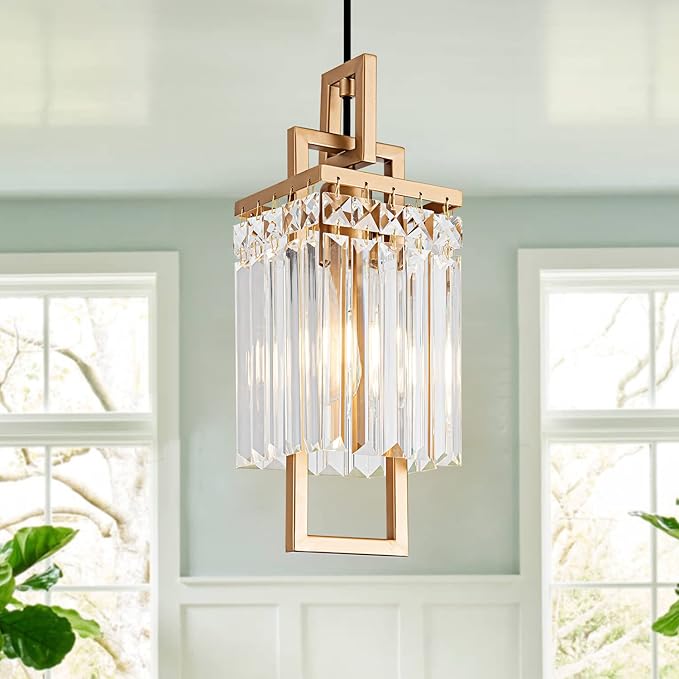 Modern Gold Pendant Light Fixtures for Kitchen Island and Dining Room, Industrial Small Hanging Crystal Chandelier Light Fixture for Bedroom Entryway Living Room Foyer Hallway 1-Pack