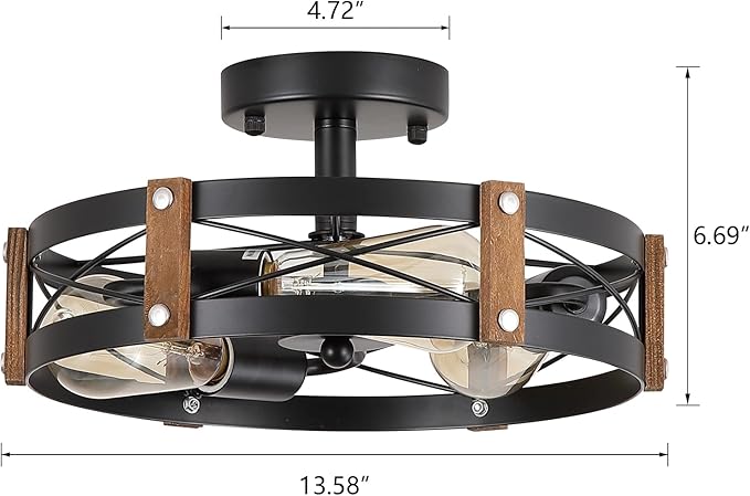 2 Pack 3-Light Rustic Farmhouse Wood Flush Mount Ceiling Light Fixture 13.6 inch Oak Wood and Metal Round Cage Semi Flush Mount Ceiling Light for Hallway Hall Entry Bedroom Kitchen Farmhouse, Black