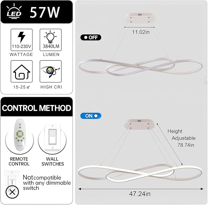 Led Chandeliers for Dining Room,Modern Led Pendant Light Fixture, Dimmable Adjustable Height Music Note Shape Hanging Lamp with Remote Control White Iron Ceiling Light Fixture for Kitchen Island
