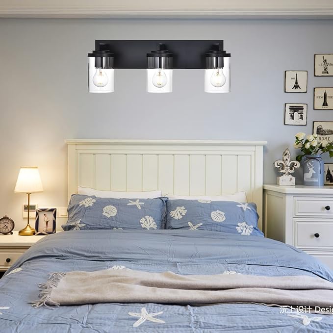 BONLICHT Modern 3-Light Vanity Light Fixture Black Bathroom Wall Light Over Mirror with Clear Glass Shade, Rustic Vintage Wall Sconce Lighting Farmhouse Wall Mounted Lamp for Powder Room Hallway