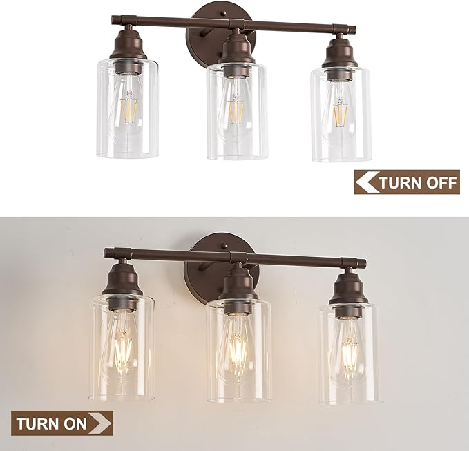 Refice Bathroom Vanity Lights Over Mirrors 3-Light Oil Rubbed Bronze Bathroom Light Fixtures with Clear Glass Shades for Mirror, Living Room, Farmhouse,Hallway (Bulbs Not Included)