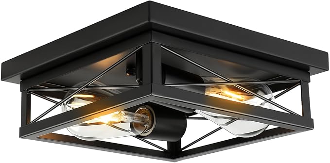Black Flush Mount 2-Light Industrial Vintage Metal-Framed Ceiling Light for Hallway, Foyer, Kitchen, Bedroom, Living Room, Laundry (E26 Base)