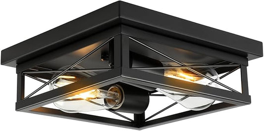 Black Flush Mount 2-Light Industrial Vintage Metal-Framed Ceiling Light for Hallway, Foyer, Kitchen, Bedroom, Living Room, Laundry (E26 Base)
