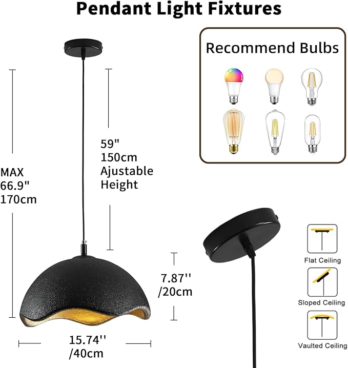 JAYMP 15.7" Modern Pendant Light for Dining Room Kitchen Island Hanging Lamp E26 Base Japanese Wabi-Sabi Style Bird Nest Shape Lighting Fixture, 1 Pack (Black + Gold,D Shape, 40cm/15.7inch)