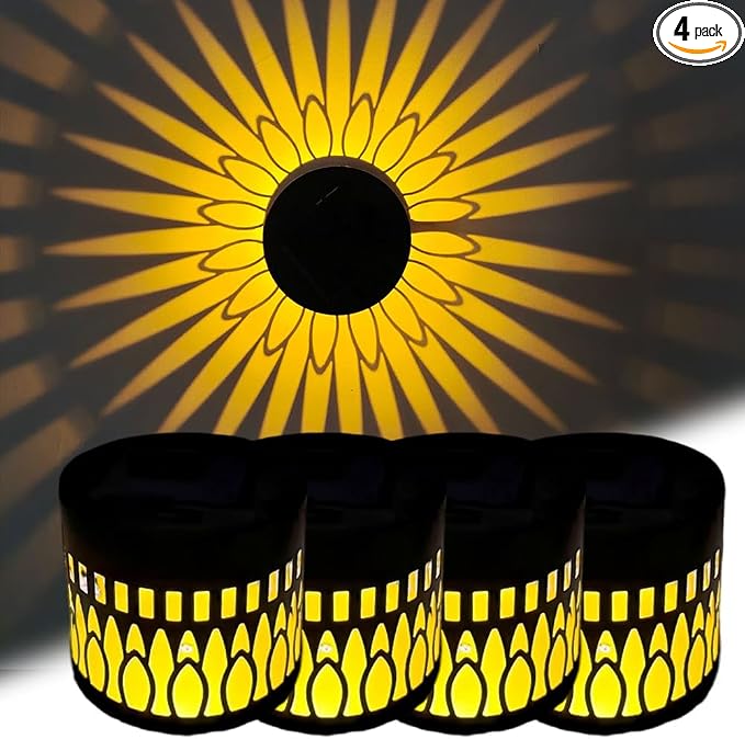 Decorative Solar Mandala Lights, Metal Solar Powered Outdoor Wall Lights Solar Powered Deck Step Stair Lights, Waterproof Mandalas Fence Light for Garden Post Patio Backyard Yard Decor (4, Sunflower)