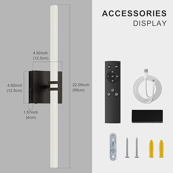 Battery Operated Wall Sconce 1Pack, Black Rechargeable Wall Lights with Dimmable Remote Control, 22 Inch 3000K-6000K LED Wireless Wall Lamps for Bedroom, Hallway, Background Wall