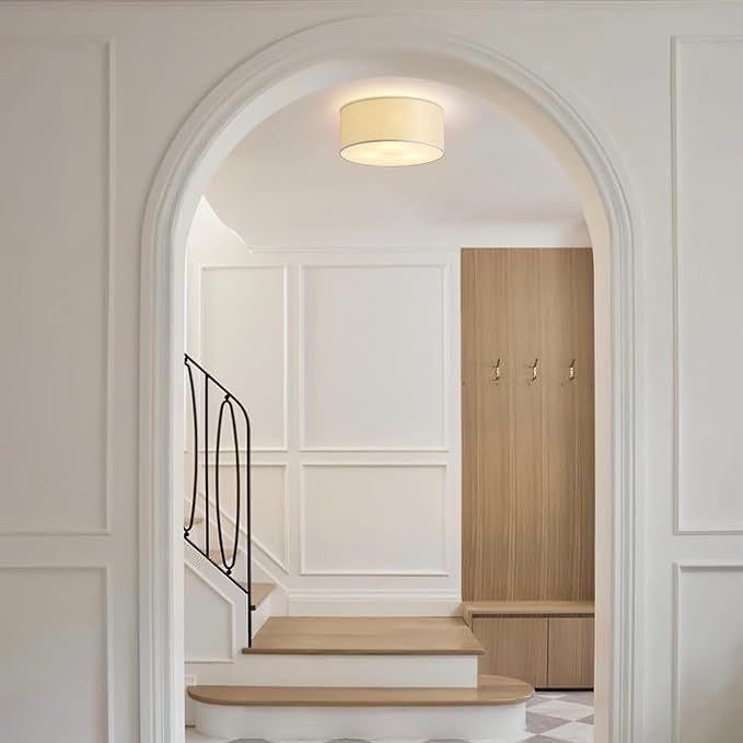 3-Light Semi Flush Mount Ceiling Light Fixture,Round Ceiling Light Fixture for Bedroom,12.6" Modern Close to Ceiling Light with Linen Fabric Drum Shade,Ceiling Lamps for Hallway Living Room