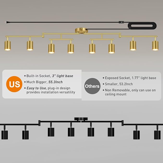 Plug in Track Lighting LED, Track Lighting Fixtures Ceiling, Gold 8-Light Kitchen Light Kit, Plug in Wall Light with 14.8ft Power Cord, Rotatable Ceiling Spotlight for Bedroom(GU10 Socket, NO Bulb)