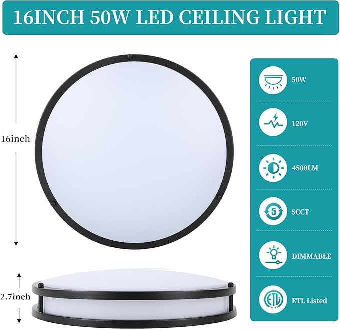 16Inch LED Ceiling Light Fixtures, Flush Mount Light Fixtures 50W, 5CCT Adjustable 2700K 3000K 4000K 5000K 6500K, Close to Ceiling Light for Kitchen Hallway Bathroom Kitchen Bedroom Black 2 Packs