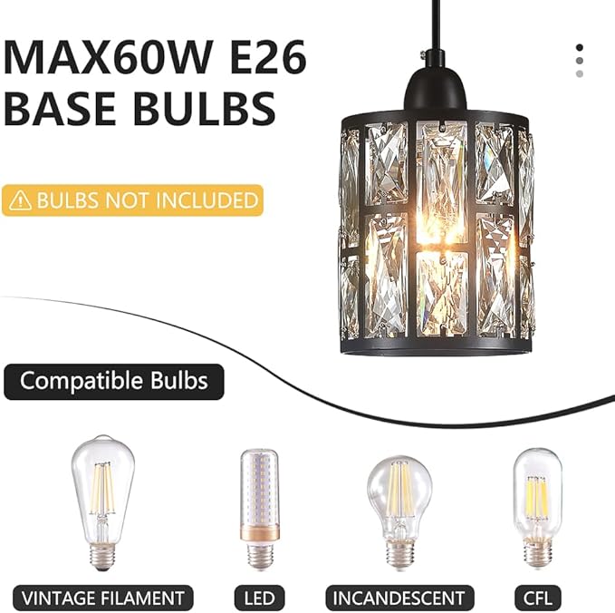 3 Pack Crystal Hanging Kitchen Island Pendant Light Black Finish Concise Fixture Crystal Plate Metal Shade for Bar Dining Room Living Room Over Sink Ceiling