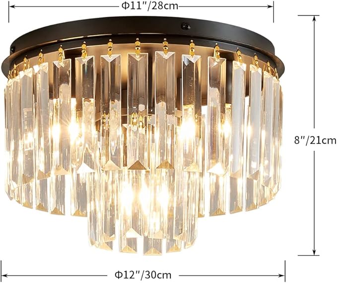AGV LIGHTING Crystal Ceiling Light Fixture, Modern Semi Flush Ceiling Light, D12 x H8, E12 Base 3-Lights, Black Finish