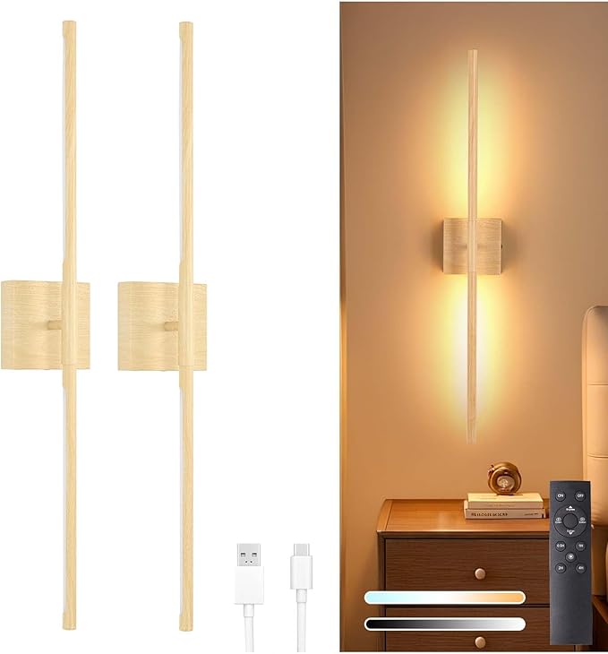 Shenmoyl Battery Operated Wall Sconce Set of 2, 10400mAh Rechargeable Wall Sconces, 3000K-6000K Dimmable, 350°Rotate, Indoor Wall Lights for Bedroom Living Room, Original Wood, 31.5 Inch