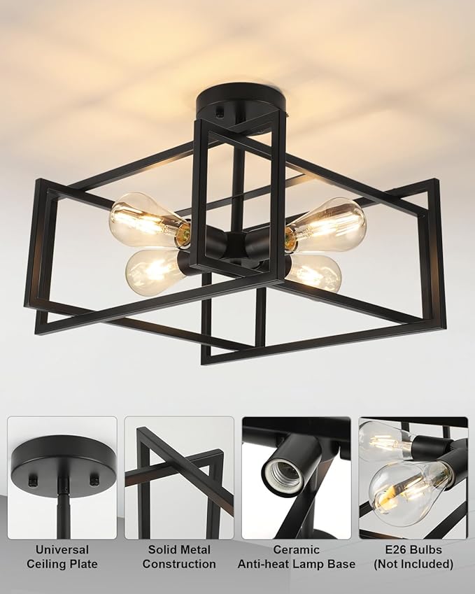 WILON Black Ceiling Light Fixture, Modern Square Semi Flush Chandelier Ceiling Lamp for Kitchen Dining Room Bedroom Laundry Room Living Room (4 Lights)