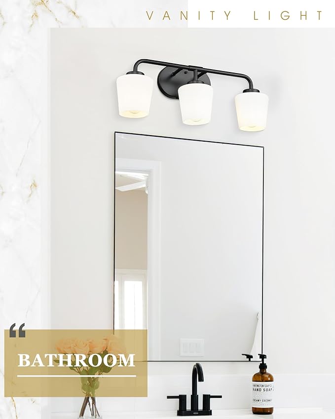 Bathroom Light Fixtures Over Mirror, 3-Light Matte Black Vanity Lighting Fixtures with Milk White Glass, Vintage Farmhouse Wall Sconces Lighting, AD-22004-3W-BK
