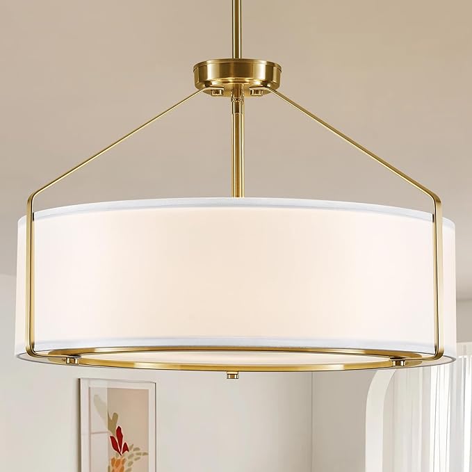 20Inch Drum Chandeliers, Gold and White Drum Chandelier with Metal and Fabric Shade, Adjustable Height, Simple Modern Large Drum Pendant Light Fixture Dining Room Bedroom Kitchen Entryway