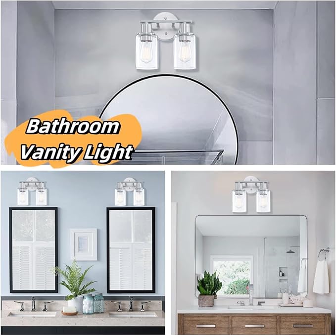 WISBEAM 2-Light Bathroom Vanity Light, Brushed Nickel Bathroom Light Fixtures Over Mirror with Clear Glass Shade Including E26 Medium Base, Bulb NOT Included