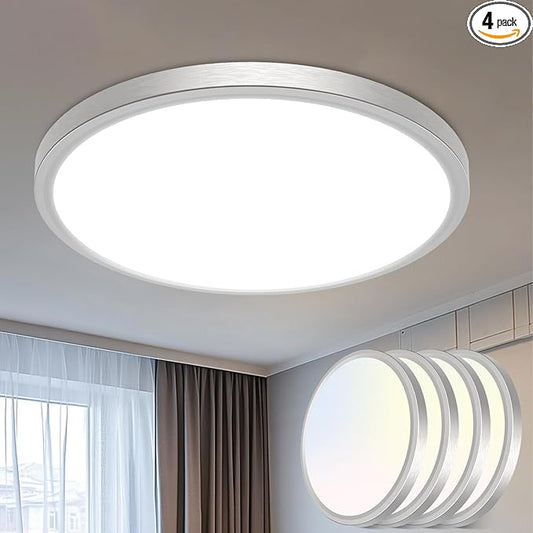 libtit 16Inch Flush Mount LED Ceiling Light Fixture, 3000K 4000K 6500K Adjustable, 36W 3600lm Brushed Nickel Satin Round Ceiling Lamp for Bathroom Shower Hallway Kitchen, 4 Pack