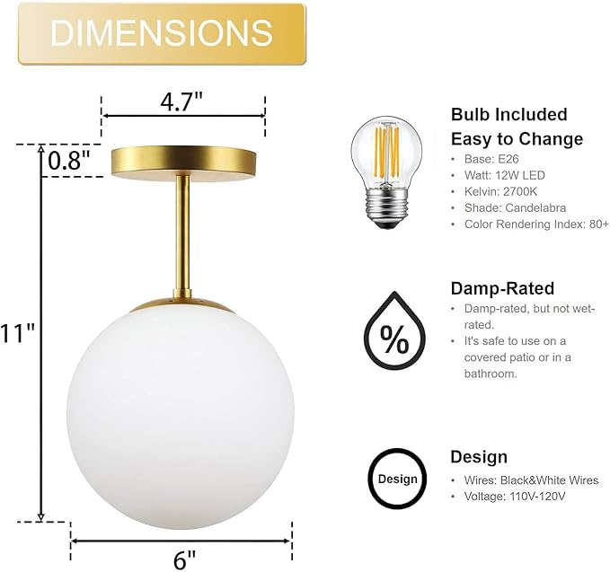 Mid Century Modern Globe Semi Flush Mount Ceiling Light Fixture Frosted Glass with Gold Brass Finish,1-Light Sphere Glass Pendant Lights for Aisle Porch Stairway Closet Kitchen Laundry Room(Bulb Incl)