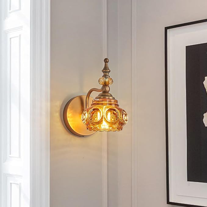 Vintage Wall Sconces with Amber Rose Glass Lampshade Bathroom Sconces Modern Wall Lighting Fixture for Bedside Bedroom Doorway