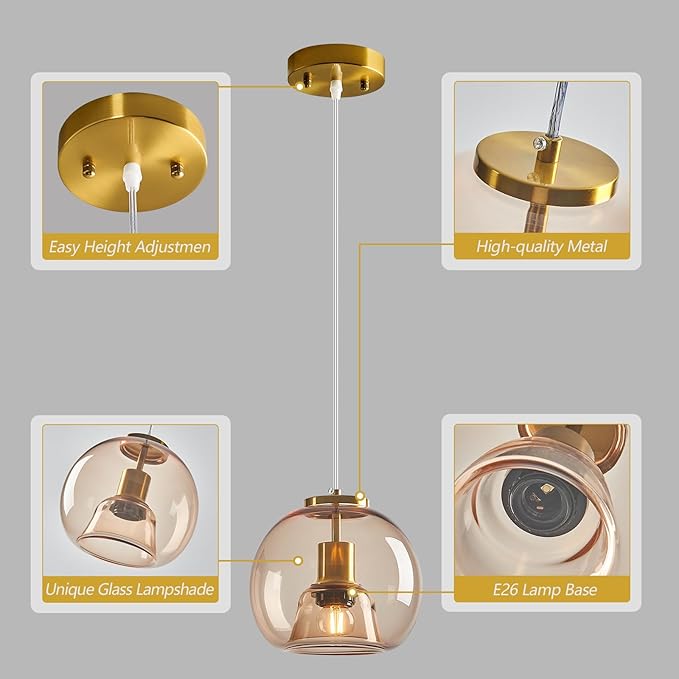 Light Coffee Glass Pendant Lights Kitchen Island Gold Hanging Light Fixture Glass Globe Pendant Light Modern Pendant Lighting for Kitchen Island Bedroom Dining Room (7.87", 1 Pack)