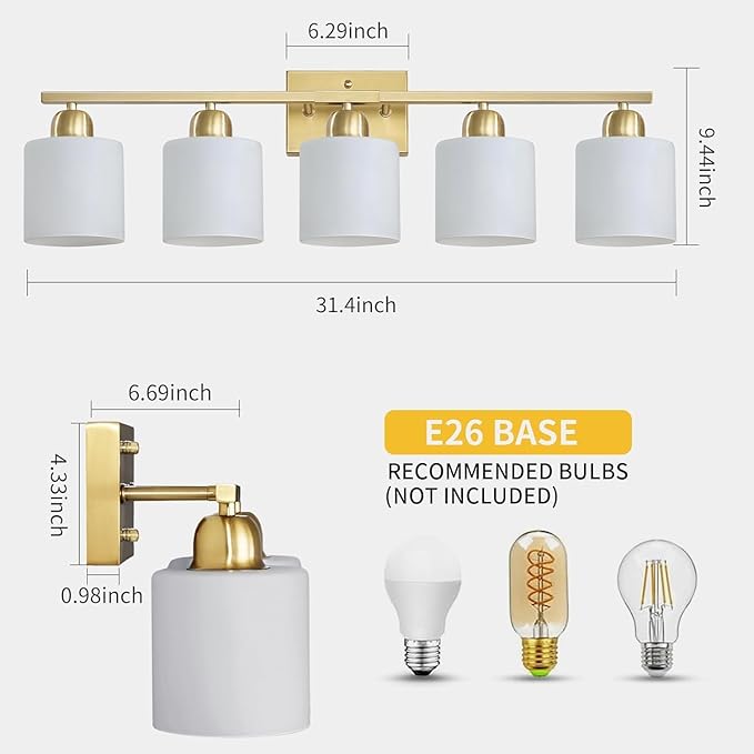 Bath Vanity Lights for Mirror, Restroom Lights Fixtures with Milky White Frosted Glass Shades,Bathroom Over Sink Light Fixtures, Bathroom Light Fixtures Over Mirror (Gold, 5-Light)